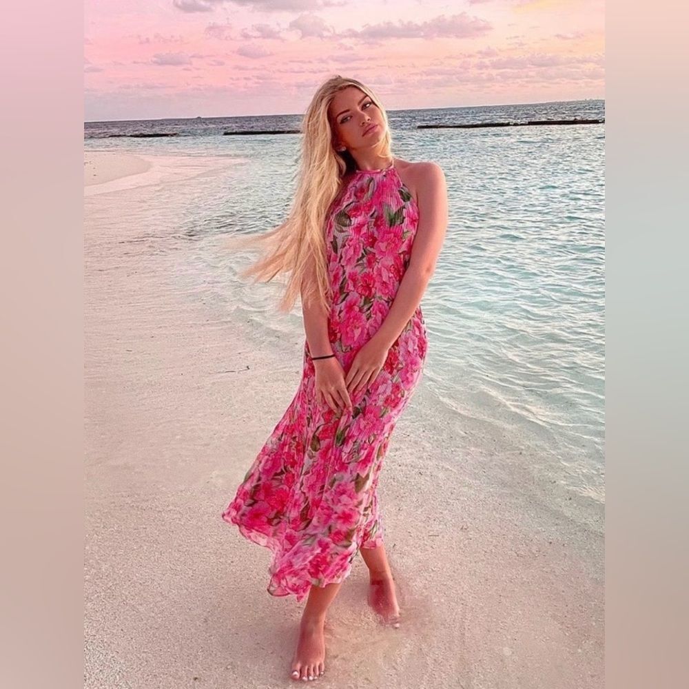 NWT Zara Pink Floral Print Cottagecore Boho Wedding Party Midi Halter Dress XS - Picture 5 of 15